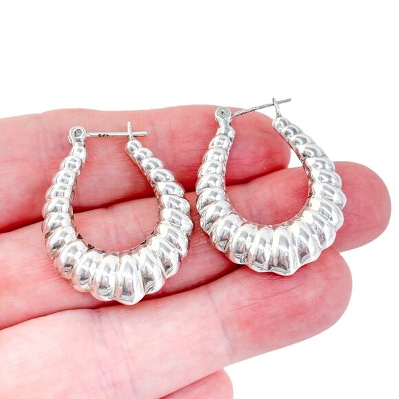 Vintage Sterling Silver 925 3.5cm Ribbed Teardrop Hoop Earrings - Picture 1 of 6